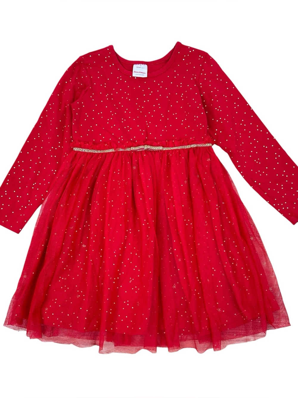 Hanna Andersson Girls Red Long Sleeve Tulle Dress with Gold Stars